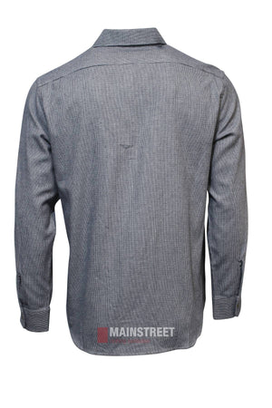 Back view of the Vonnella Double Pocket Shirt in textured cotton-acrylic blend, featuring a collar, buttoned cuffs, and subtle "MAINSTREET" lettering near the bottom hem.