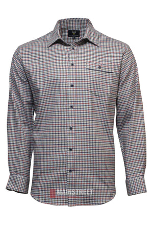 The Vonnella Single Pocket Shirt is a long-sleeved men’s button-front shirt with a small red, blue, and white checkered pattern, chest pocket, and classic collar.