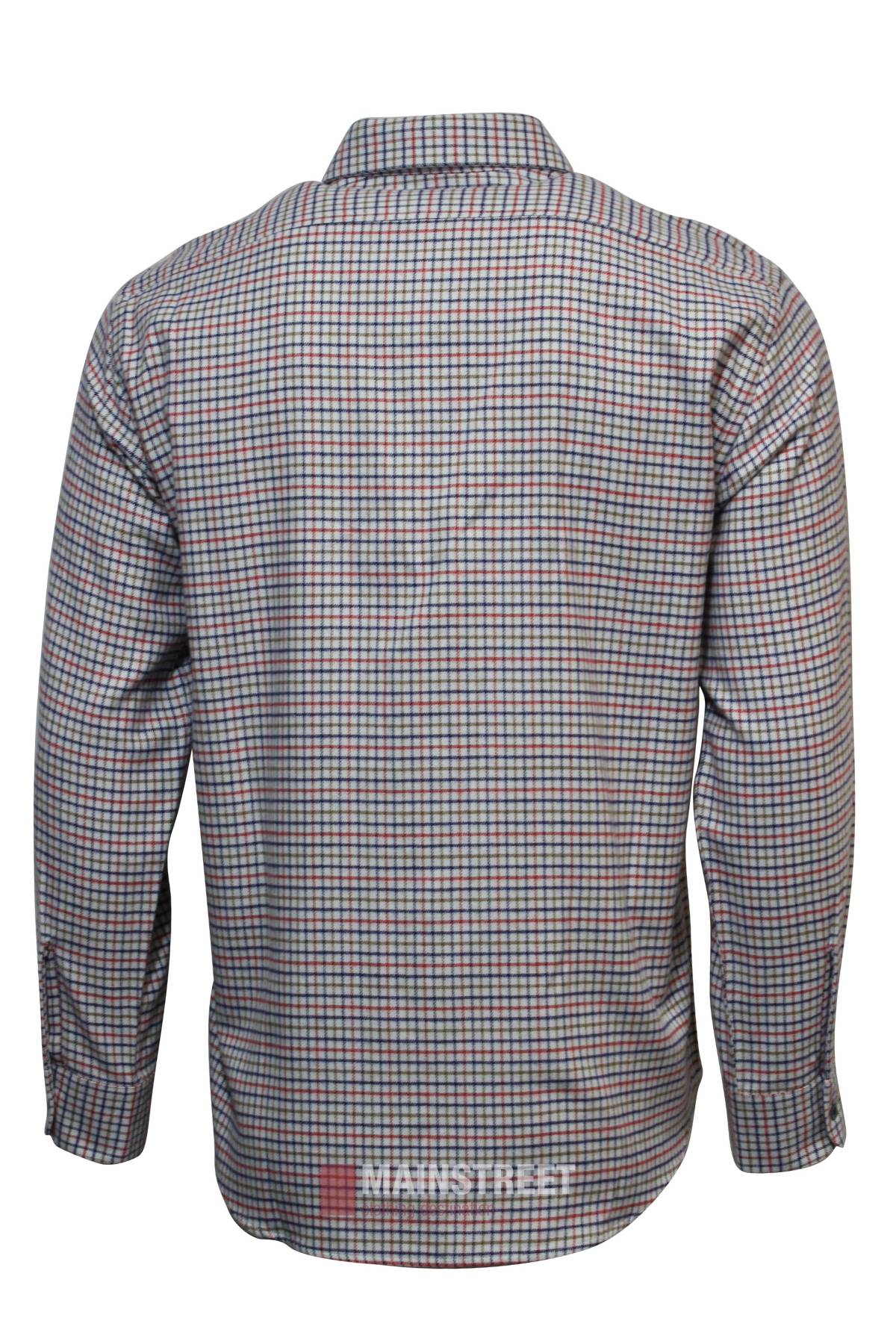 The Vonnella Single Pocket Shirt features long sleeves, a button front, and a small blue, red, and white checkered pattern, shown from the back.