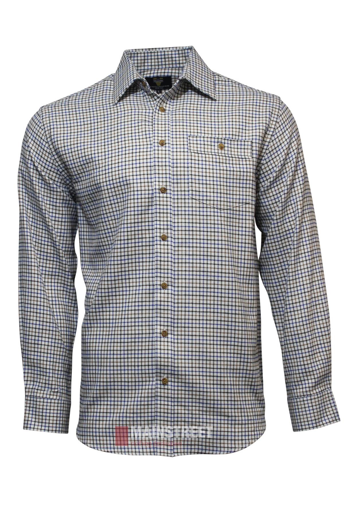 The Vonnella Single Pocket Shirt features long sleeves, a blue, white, and brown checkered pattern, button front, chest pocket, and brown buttons.