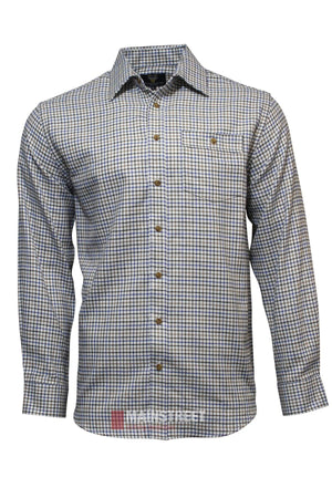 The Vonnella Single Pocket Shirt features long sleeves, a blue, white, and brown checkered pattern, button front, chest pocket, and brown buttons.