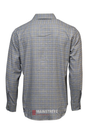 The Vonnella Single Pocket Shirt, featuring long sleeves and a blue, white, and beige checkered pattern, is shown from the back.