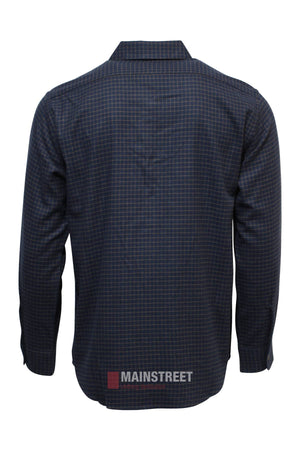 The Vonnella Double Pocket Shirt in navy blue features a small checkered pattern, long sleeves, a collar, and buttoned cuffs. Shown from the back against a white background.