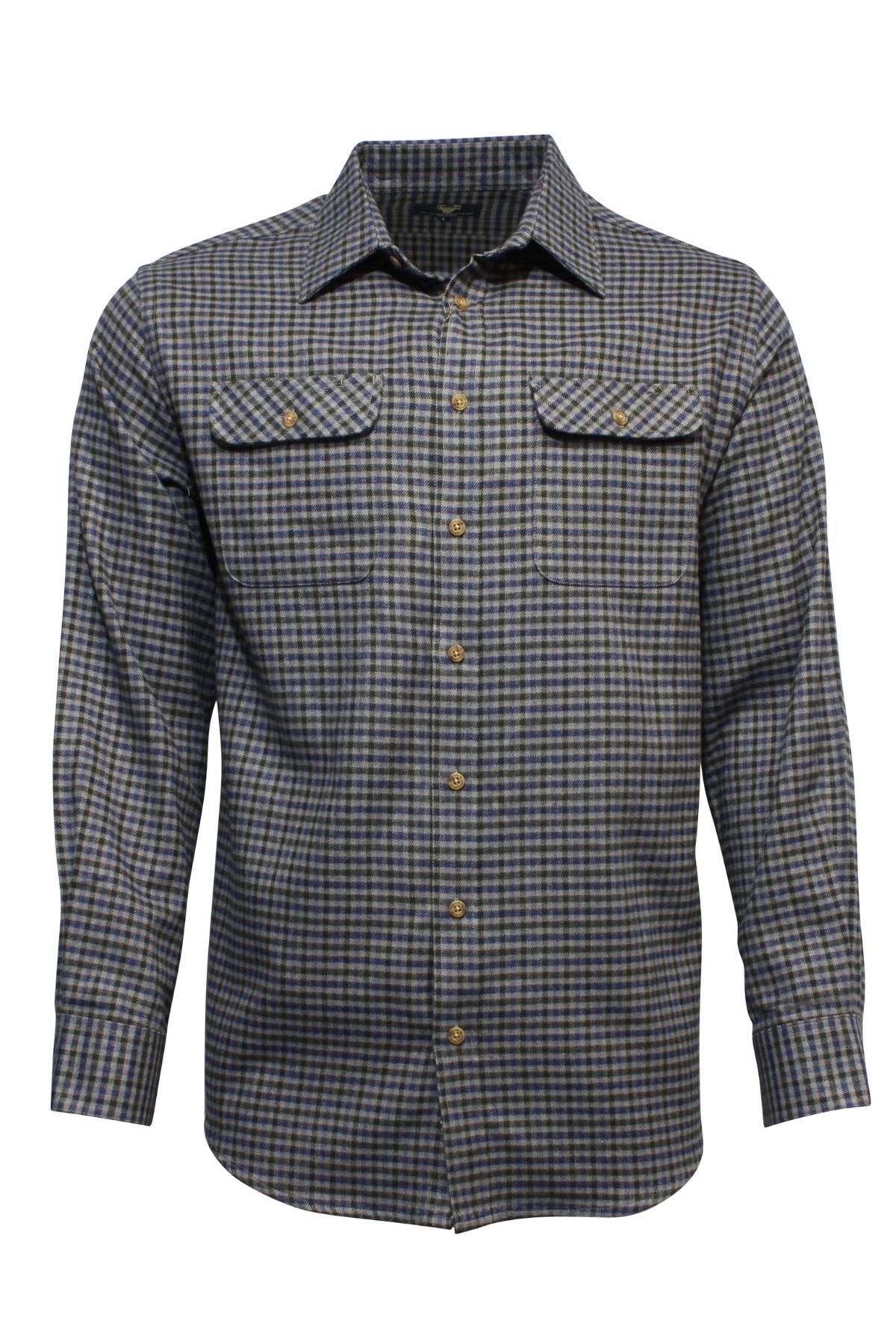 The Vonnella Double Pocket Shirt is a long-sleeved, collared shirt featuring two buttoned chest pockets and a blue, gray, and yellow plaid check pattern.
