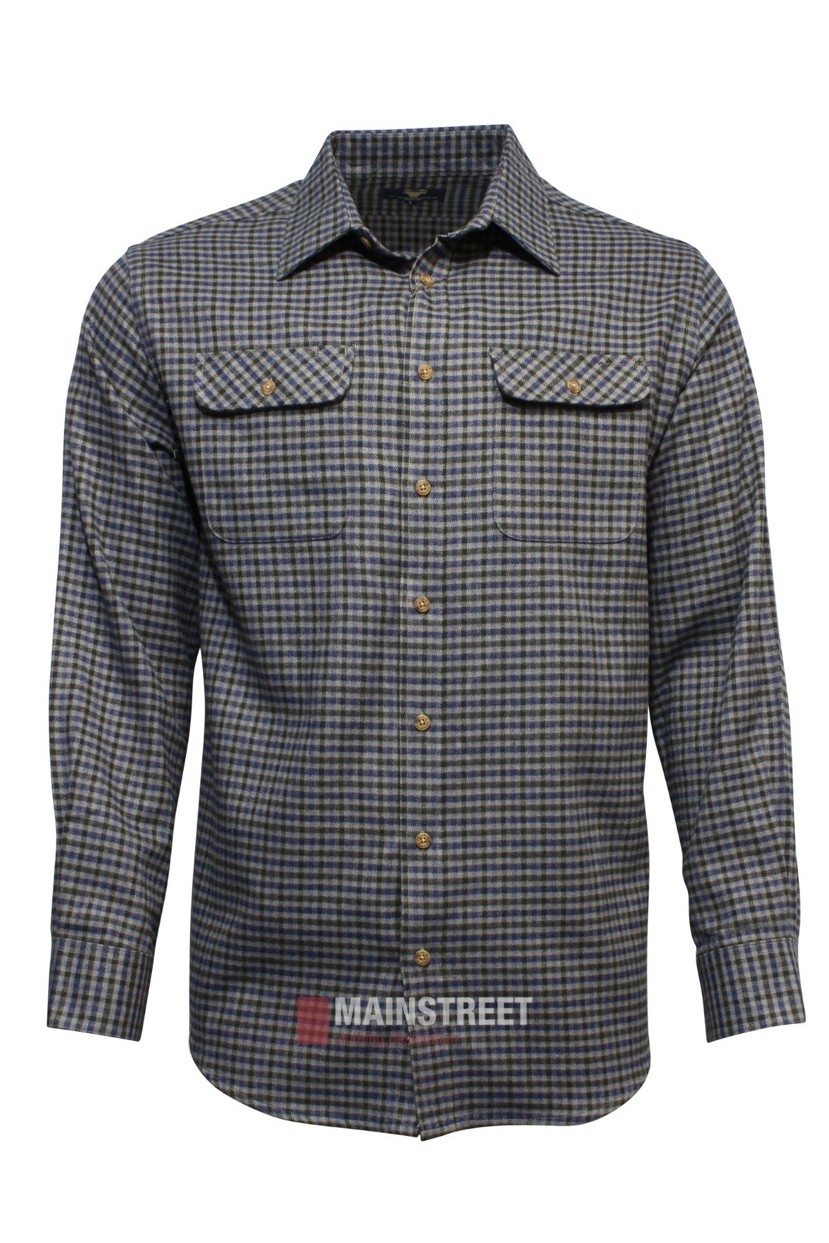 The Vonnella Double Pocket Shirt is a long-sleeve, button-up plaid shirt with brown buttons, buttoned chest pockets, and a blue, gray, and white check pattern. "MAINSTREET" is subtly overlaid at the bottom.