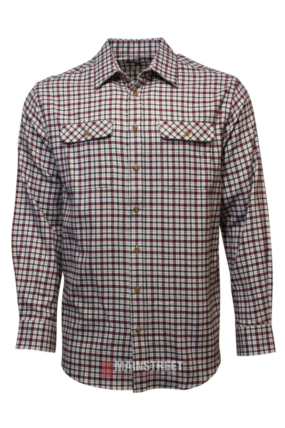 The Vonnella Double Pocket Shirt features a maroon, black, and white plaid pattern with buttoned chest pockets and a classic collar, shown on a white background.