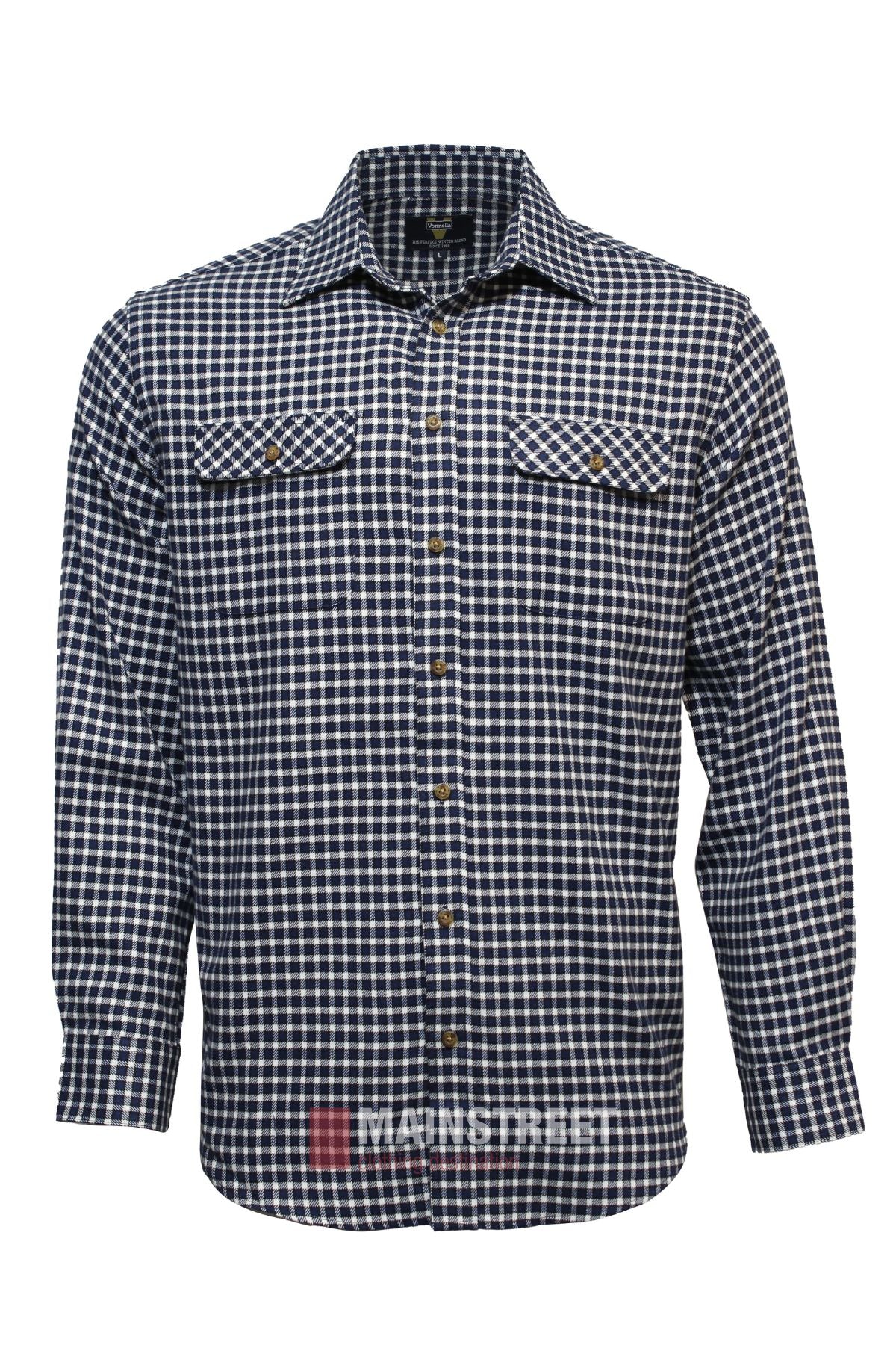 The Vonnella Double Pocket Shirt is a comfy long sleeve with a navy and white checkered pattern, two button-flap chest pockets, and a classic buttoned front.