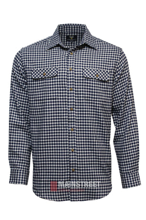The Vonnella Double Pocket Shirt is a comfy long sleeve with a navy and white checkered pattern, two button-flap chest pockets, and a classic buttoned front.