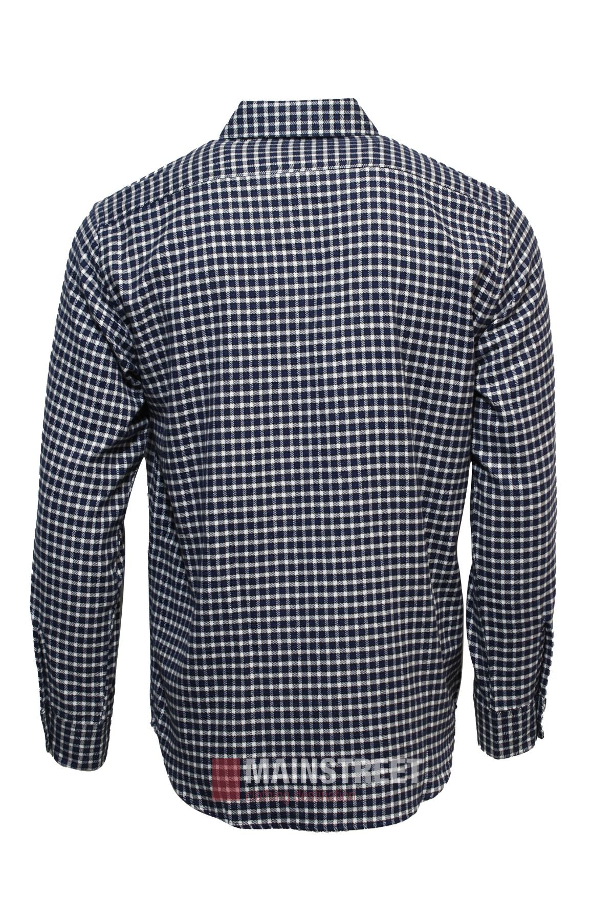 The Vonnella Double Pocket Shirt is a comfortable long sleeve shirt with chest buttons, featuring a navy blue and white checkered pattern, shown from the back.