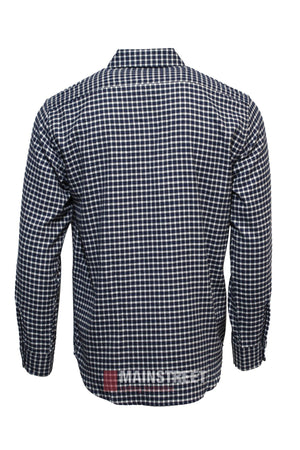 The Vonnella Double Pocket Shirt is a comfortable long sleeve shirt with chest buttons, featuring a navy blue and white checkered pattern, shown from the back.