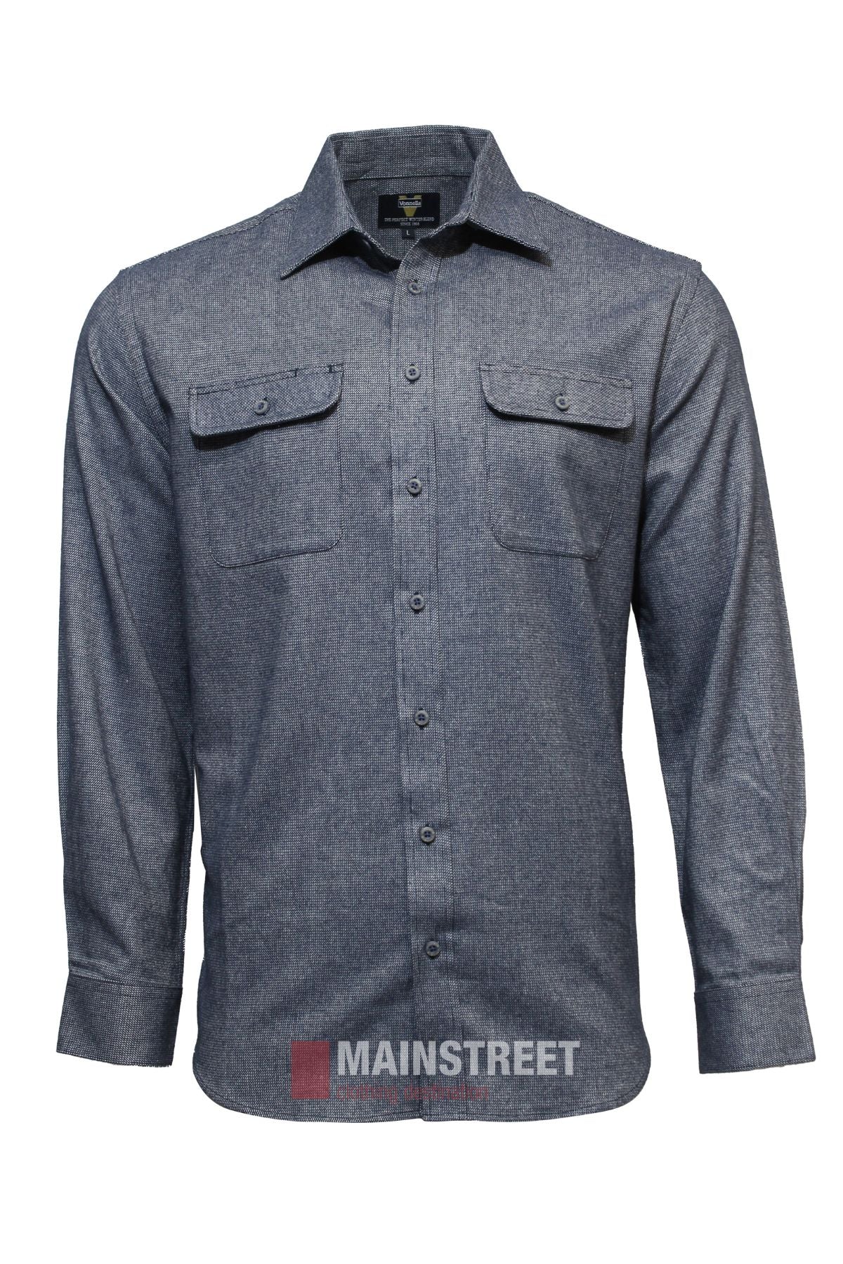 The Vonnella Double Pocket Shirt is a gray long sleeve shirt with a button front and two chest pockets, shown on a white background.