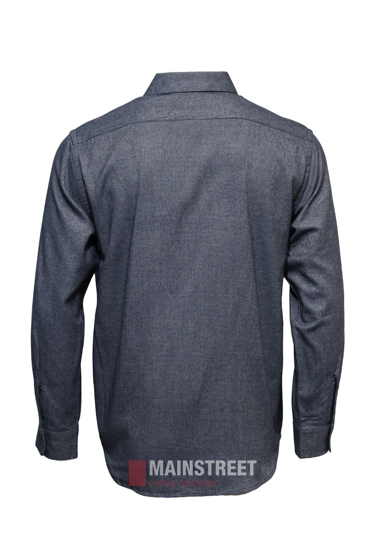 Back view of the Vonnella Double Pocket Shirt in dark gray, featuring long sleeves, a button front, collar, and plain design with no chest pockets or patterns. The "Mainstreet" logo appears at the bottom of the image.