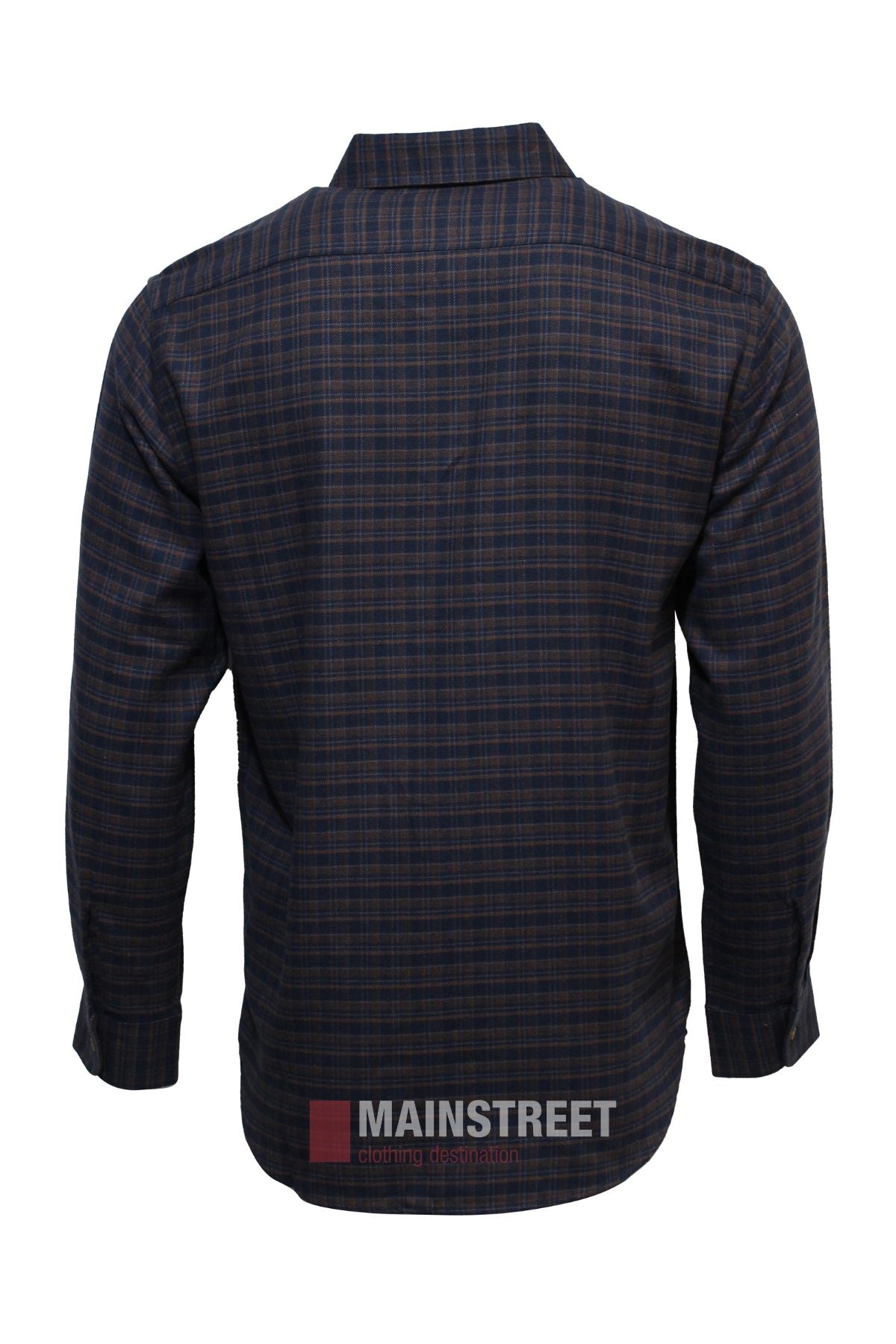 Back view of the Vonnella Single Pocket Shirt, a warm long-sleeve button-up with a dark blue and brown plaid pattern, displayed on a white background without a visible model.