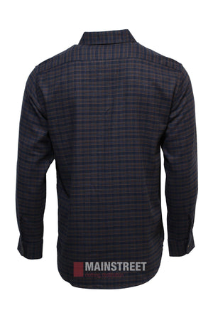 Back view of the Vonnella Single Pocket Shirt, a warm long-sleeve button-up with a dark blue and brown plaid pattern, displayed on a white background without a visible model.