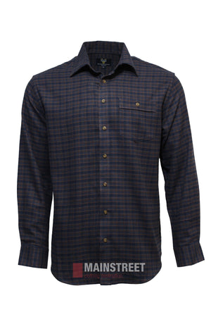 The Vonnella Single Pocket Shirt is a long-sleeve, button-up shirt with a navy blue and brown plaid pattern and one chest pocket, shown on a plain white background.
