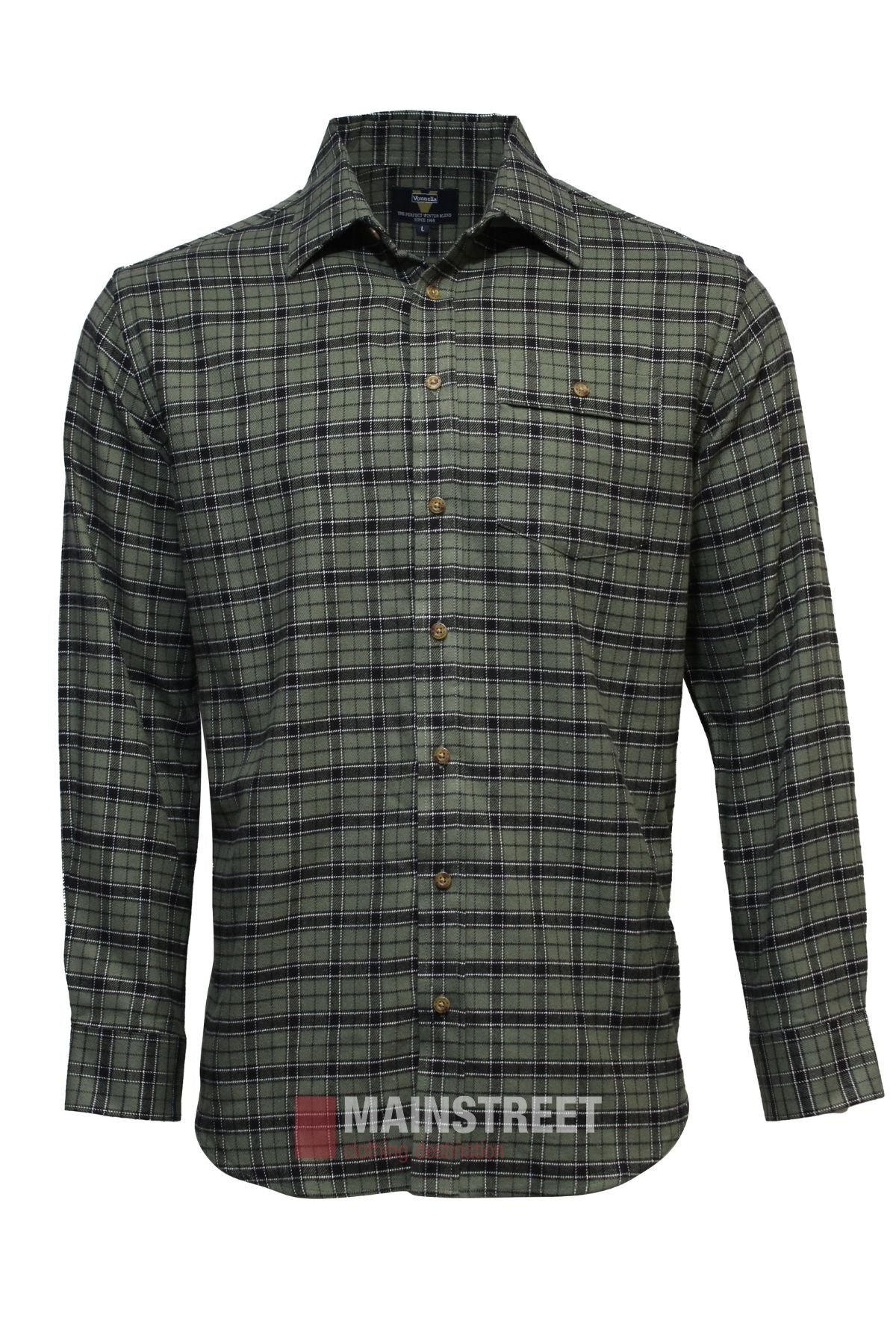 The Vonnella Single Pocket Shirt in green and black plaid features a cozy long sleeve design with a left chest pocket, displayed on a white background with "MAINSTREET" at the bottom—ideal for your winter wardrobe.