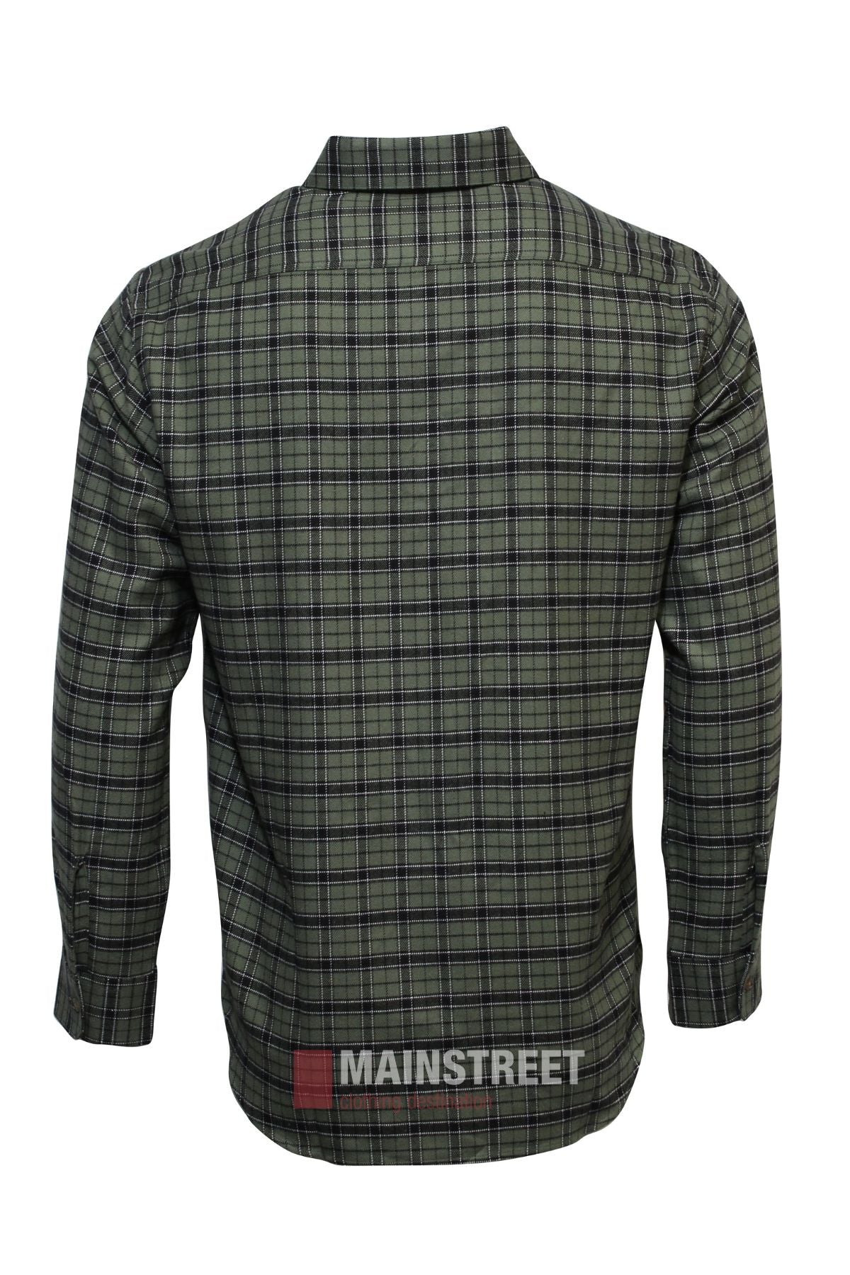 The back of the Vonnella Single Pocket Shirt in green and black plaid showcases a collar, buttoned sleeves, and "MAINSTREET" in white and red near the lower hem—perfect for bringing extra warmth to your winter style.
