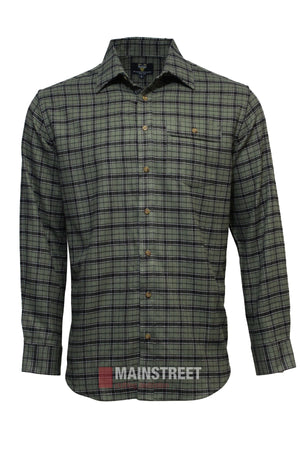 The Vonnella Single Pocket Shirt in green and black plaid features a cozy long sleeve design with a left chest pocket, displayed on a white background with "MAINSTREET" at the bottom—ideal for your winter wardrobe.