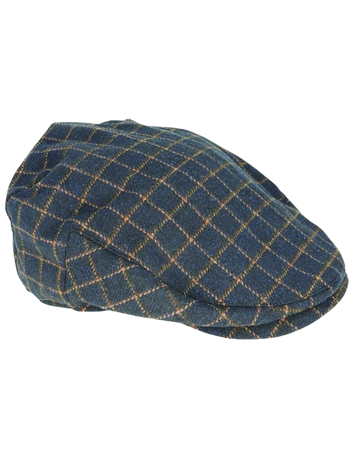 The Avenel Wool Blend Check Ivy Cap is a classic blue flat cap with a cream checkered pattern, featuring a short brim and a soft, rounded shape with a deep crown for added comfort and style.
