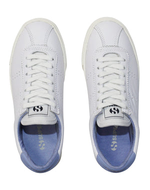 The Superga 2843 Club S Comfort Leather Sneaker features white leather, light blue interior lining, a vulcanised gum sole, and white laces, with a logo on the tongue.