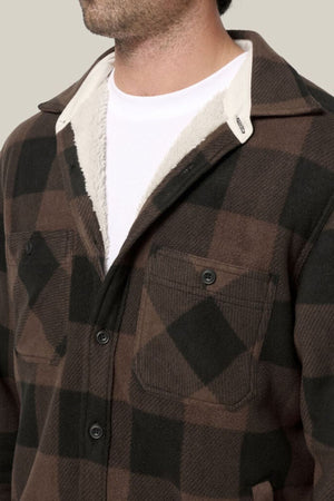 A man wears a Hard Yakka Legends Sherpa with FREE Beanie, a brown and black checkered flannel shirt with black buttons, front chest pockets, and visible fleece lining at the collar over a white T-shirt. His head is partly out of frame.