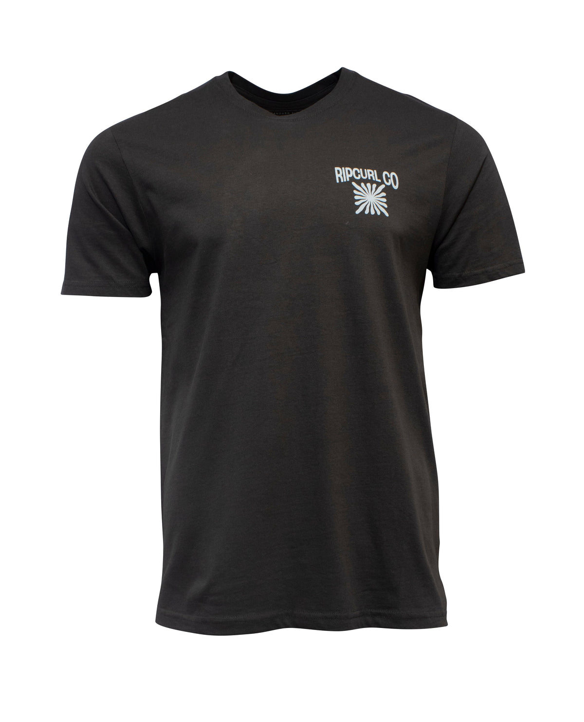 The Rip Curl Cosmic Burst Tee is a plain black 100% cotton t-shirt with a small white "RIP CURL CO" logo and graphic on the left chest, shown on a white background.