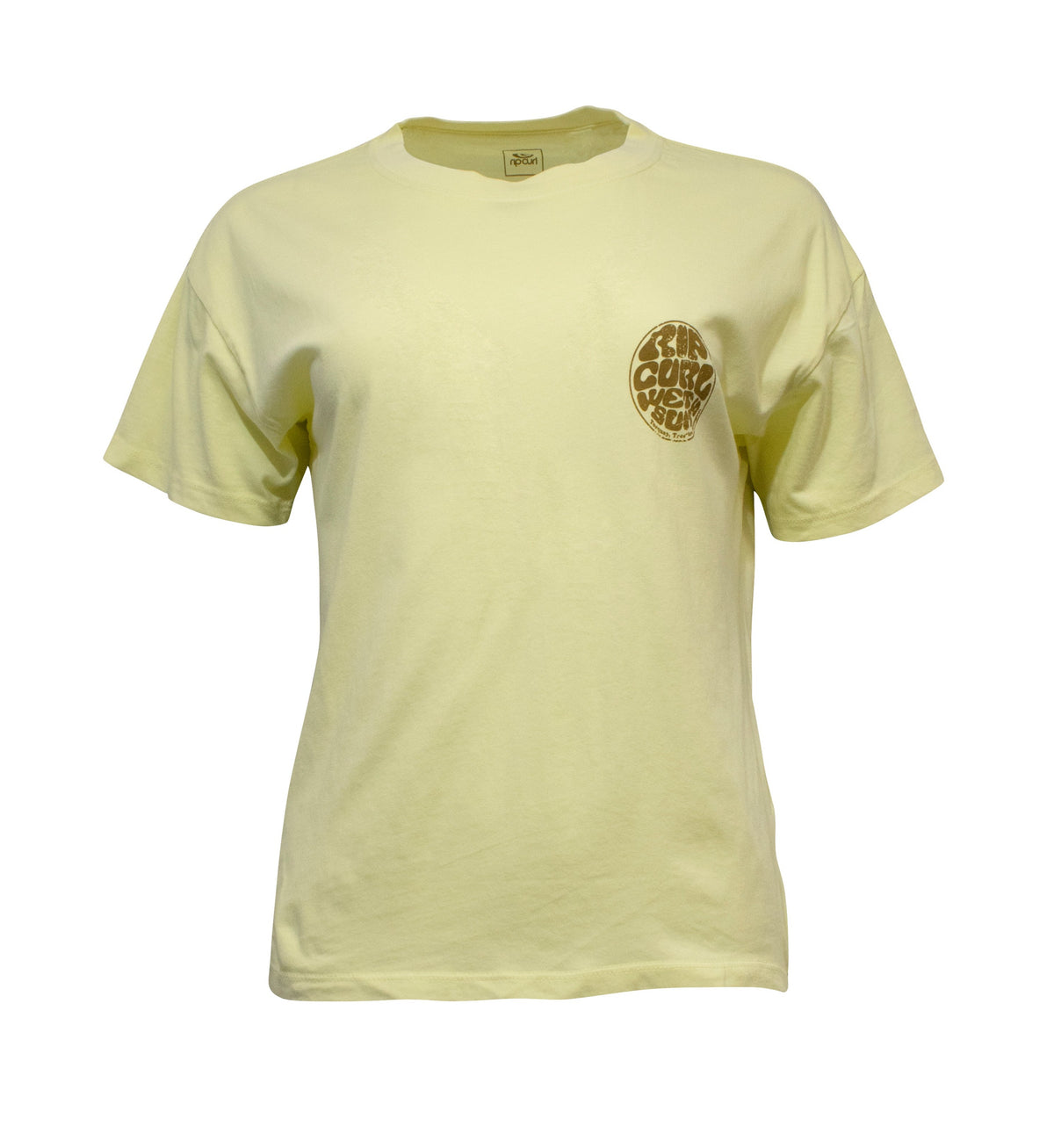 The Rip Curl Wettie Icon Relaxed Tee is a light yellow cotton T-shirt with short sleeves and a crew neck. It features a small, round brown "Seedless" logo on the left chest, displayed against a plain white background.