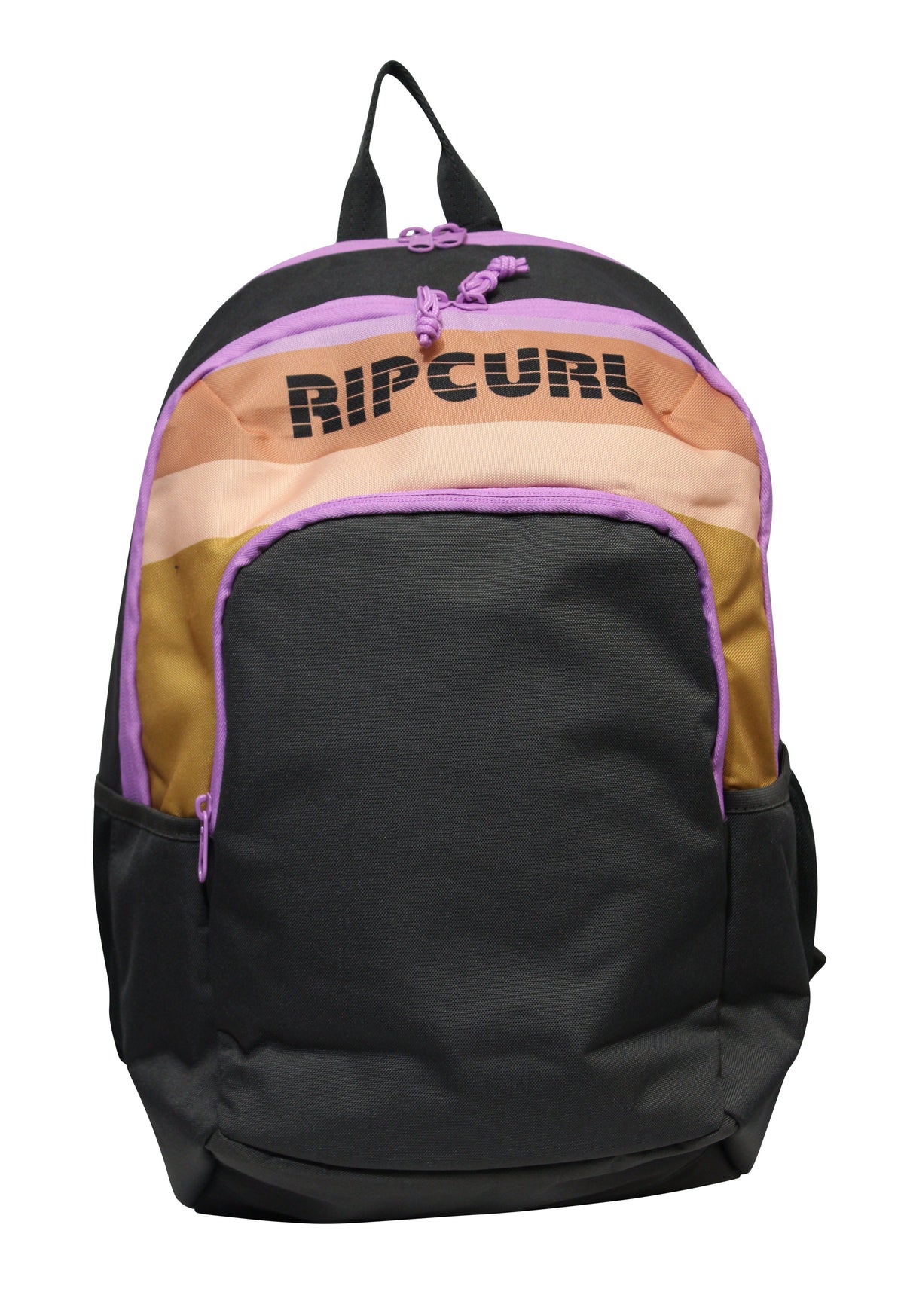 The Rip Curl Ozone 2.0 30L Backpack is made from recycled polyester and features beige and orange horizontal stripes at the top, purple accents around the zippers, a "Rip Curl" logo, two side pockets, and a top handle.