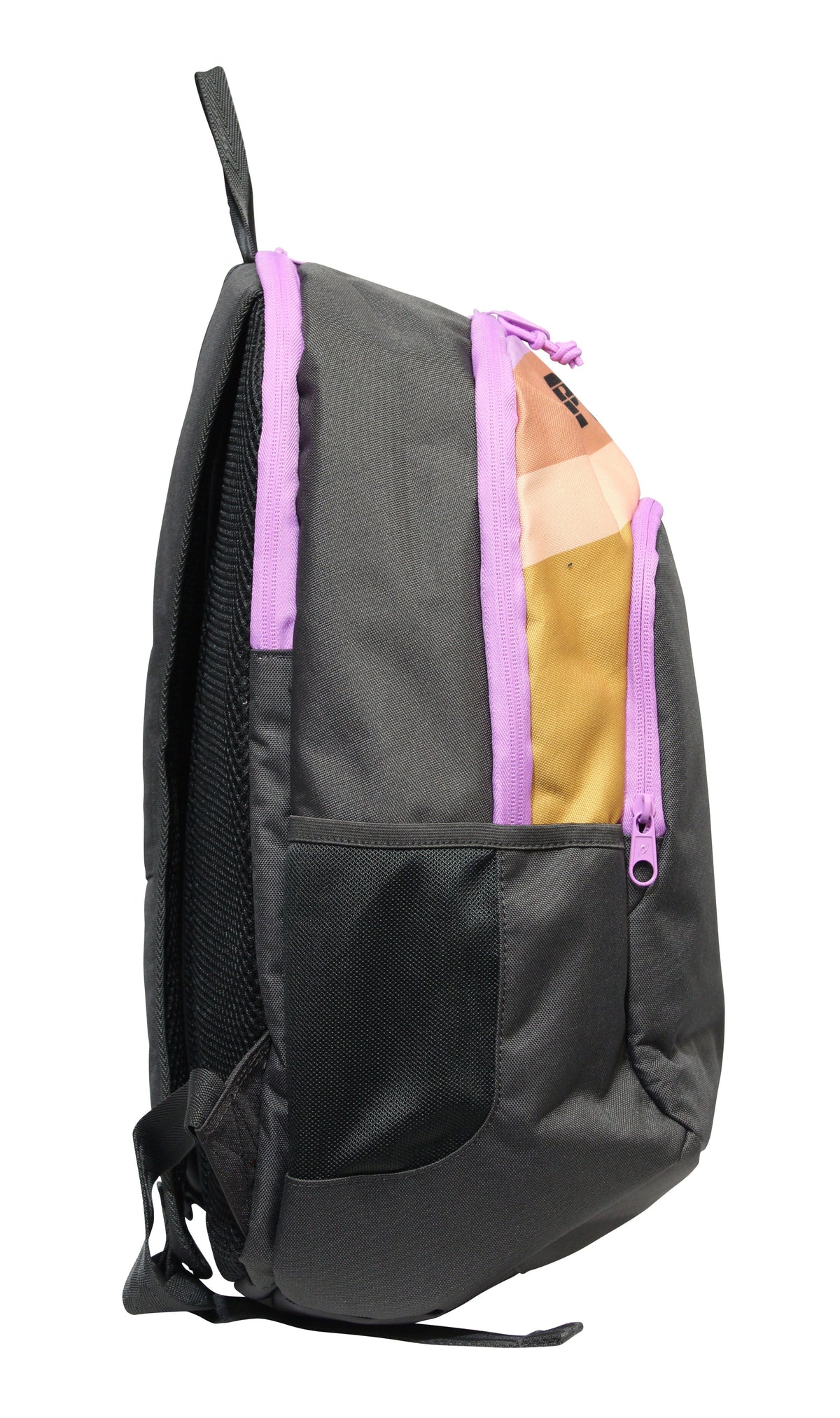 The side view of the Rip Curl Ozone 2.0 30L Backpack in gray shows purple zippers, an exterior pocket, a mesh side pocket, items visible in the front zippered compartment, and it is made from recycled polyester with black straps.