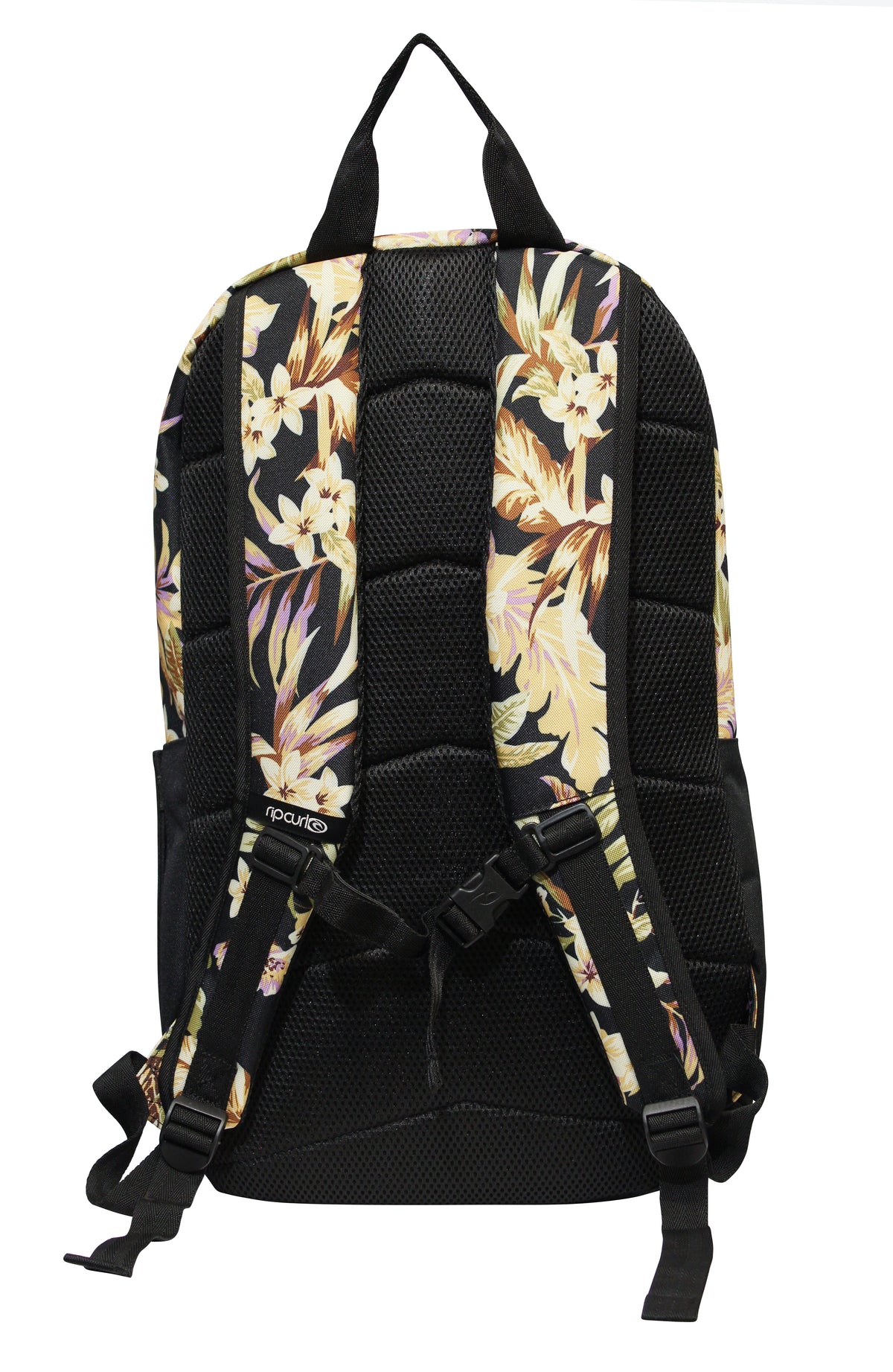 The Rip Curl Overtime 30L Backpack is black with yellow and pink floral patterns, made from recycled polyester. It includes padded straps, a top handle, and a dedicated 15" laptop compartment.