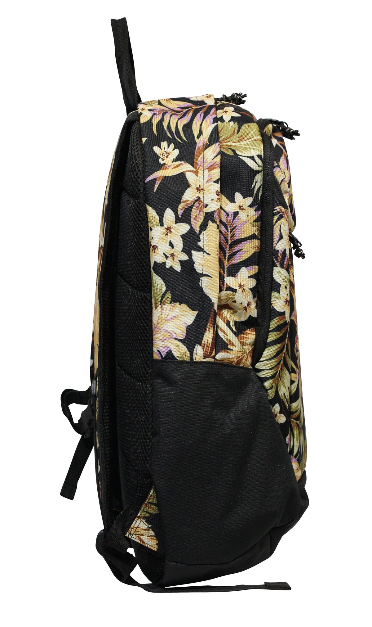 Side view of the Rip Curl Overtime 30L Backpack in a black and floral pattern with beige, pink, and green leaves and flowers. It features a front pocket, black straps, padded back for comfort, and fits up to a 15" laptop.