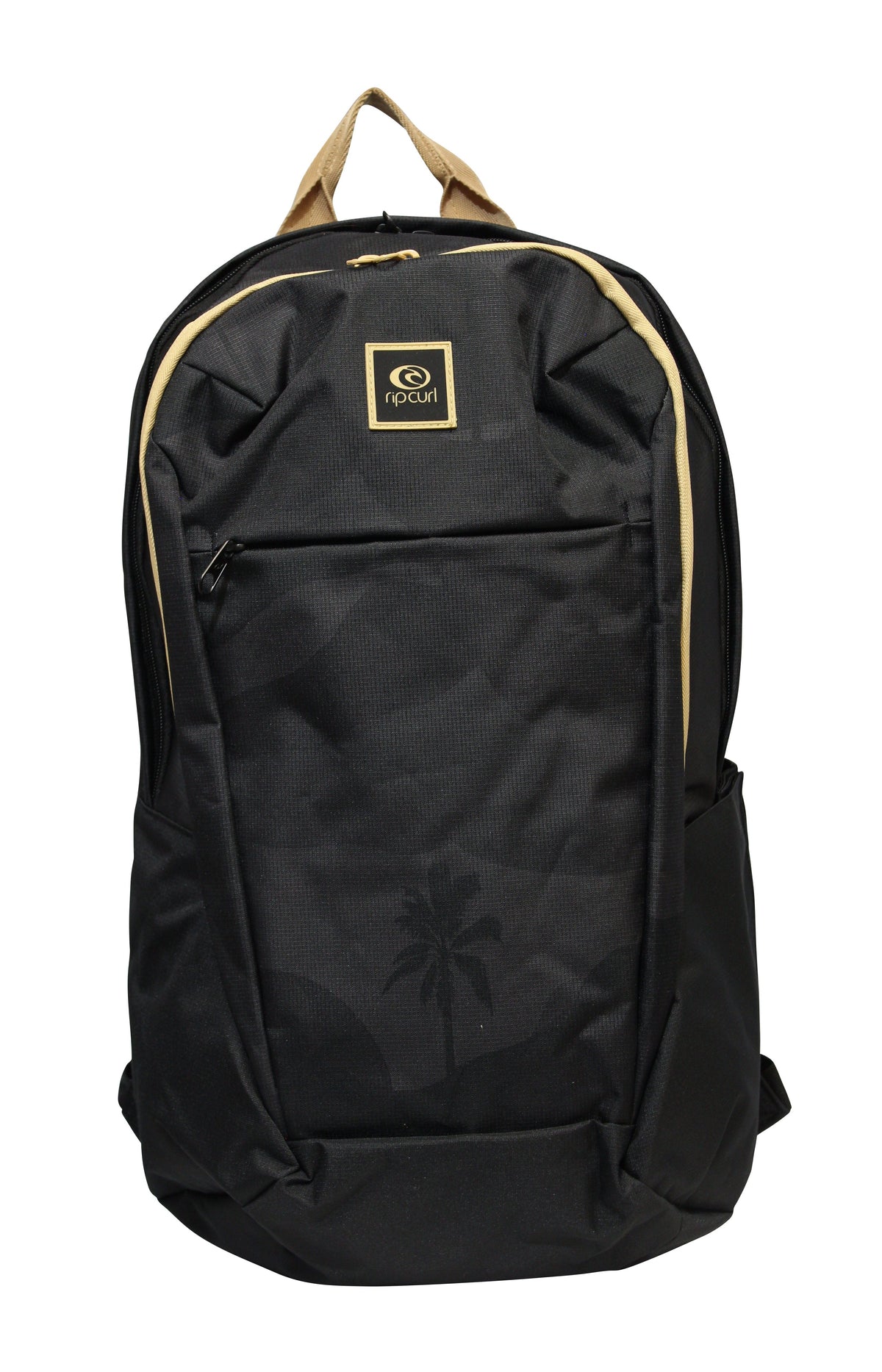 The Rip Curl Overtime 30L Backpack features a subtle palm tree design and is made from recycled polyester. It has a beige handle, zippers, a front pocket, and fits a 15" laptop. The brand logo is centered near the top.