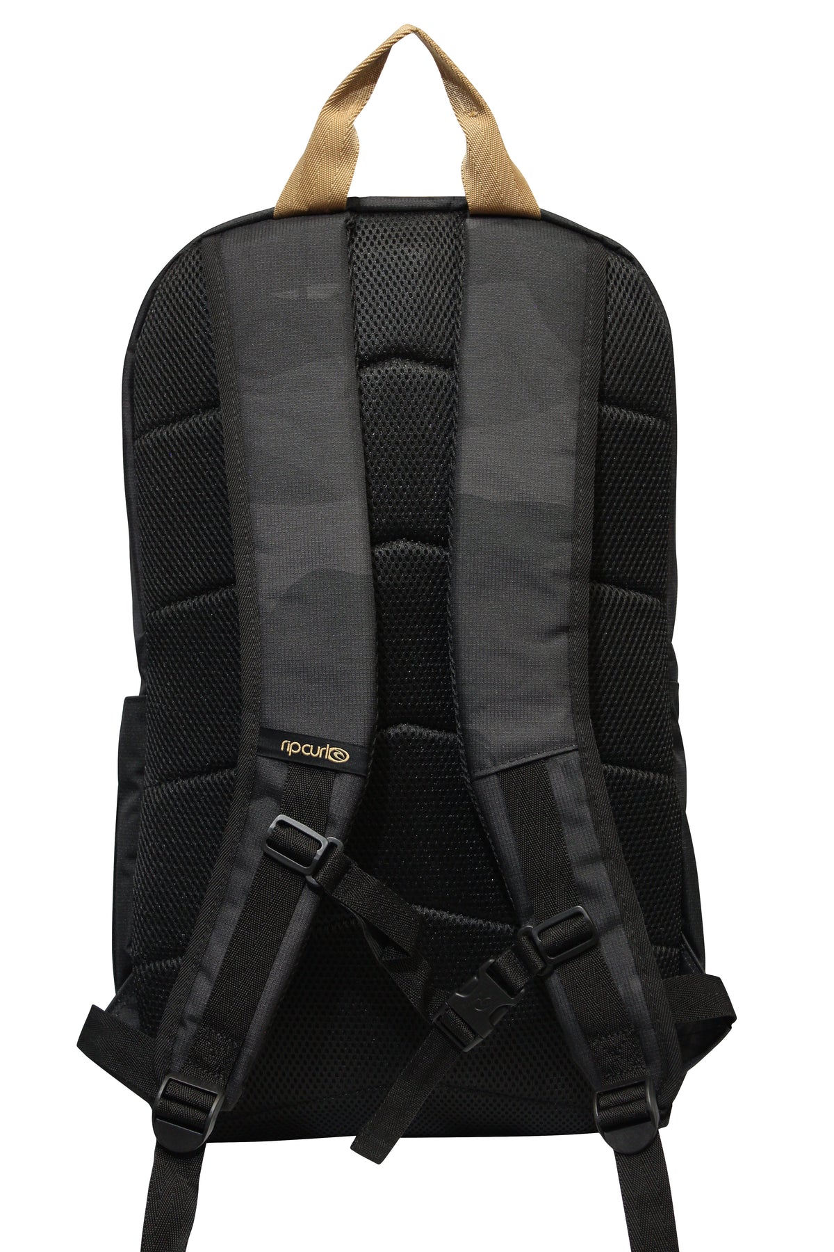 The Rip Curl Overtime 30L Backpack, in black and made from recycled polyester, features beige handles, padded shoulder straps, adjustable chest strap for stability, and a textured mesh design. It stylishly accommodates a 15" laptop with ease.