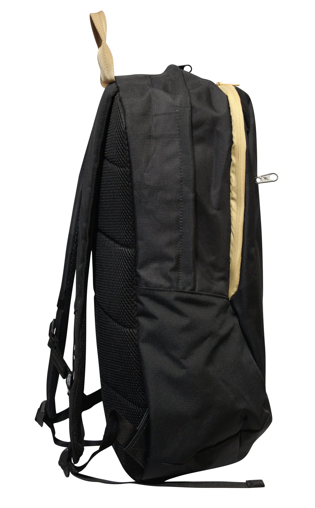 Side view of the Rip Curl Overtime 30L Backpack in black, made from recycled polyester with a beige zipper. It has padded straps, mesh back padding for comfort, and a beige top loop for easy carrying. The design accommodates a 15" laptop.