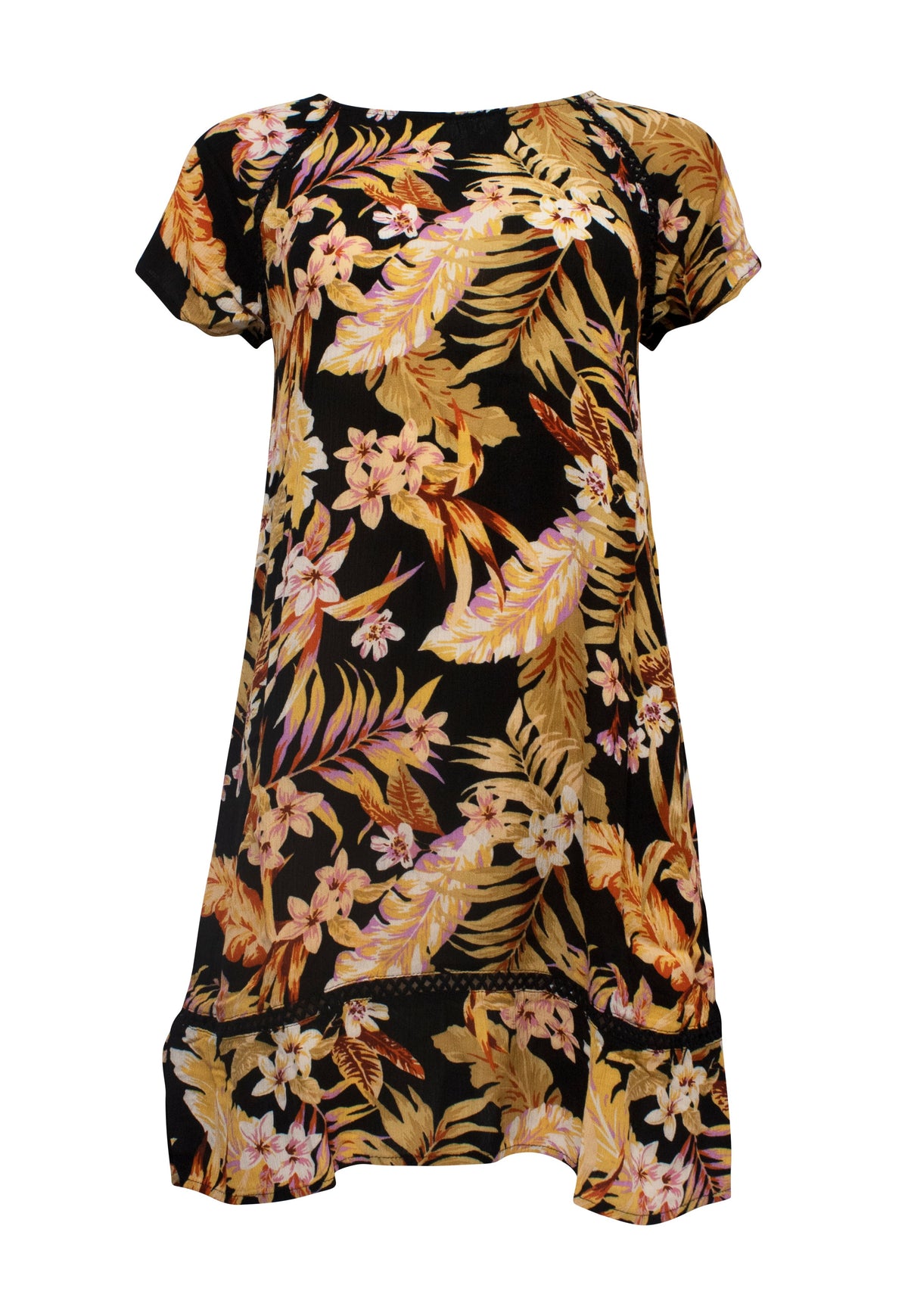 The Rip Curl Sunday Swell Shift Dress is a black short-sleeve A-line dress with a colorful tropical print featuring large pink and yellow flowers and green leaves, complemented by crochet trim detailing, a modest round neckline, and a slight hem ruffle.