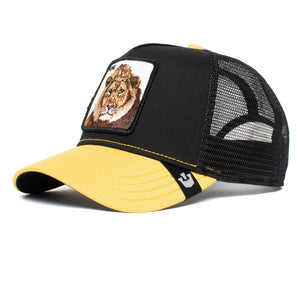 The Goorin Bros The King Lion Cap is a black and yellow trucker cap with a lion patch, featuring a mesh back and yellow curved brim, ideal for casual outings.