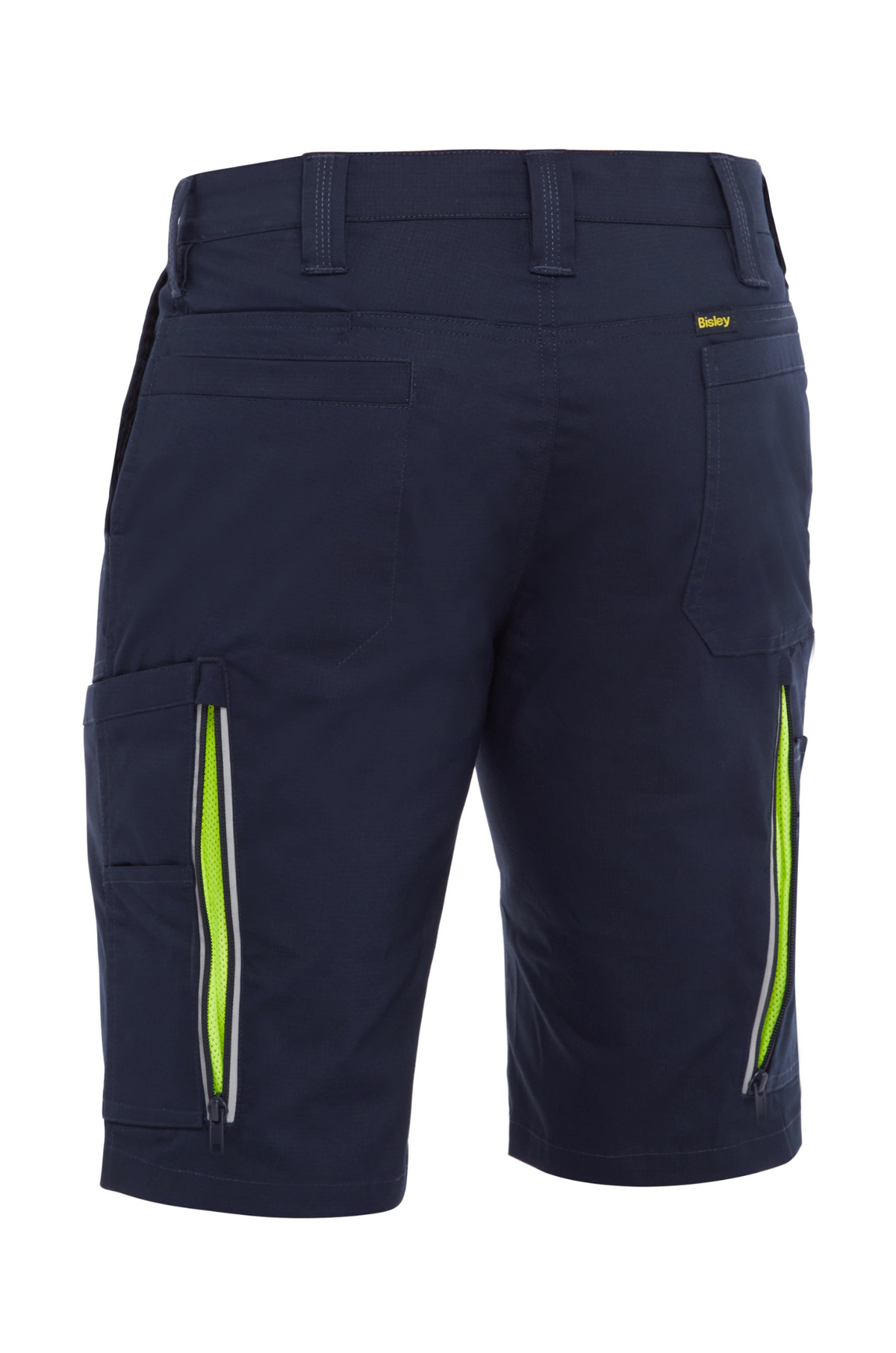 The Bisley X Airflow Stretch Ripstop Vented Cargo Short in navy blue features multiple pockets, side cargo pockets, bright yellow-green zippered compartments, and durable stretch ripstop fabric. Heavy-duty and comfortable. Back view shown.