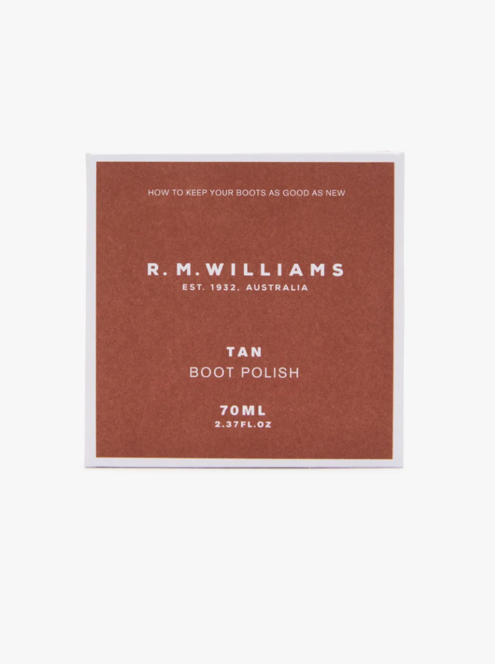 A square container of RM Williams Stockmans Boot Polish, 70 ml (2.37 fl. oz), featuring brown and white labeling, promises to restore color and shine with its alcohol-free formula. The packaging highlights "HOW TO KEEP YOUR BOOTS AS GOOD AS NEW" and "R.M. Williams EST. 1932, AUSTRALIA".