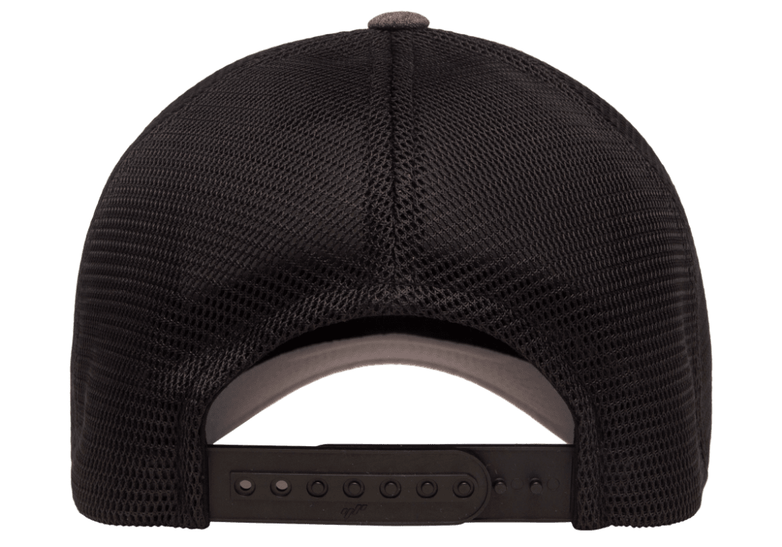 A back view of the FlexFit 110 Mesh Back Cap showcases its black mesh design with an adjustable plastic strap. The crown of the cap is made from breathable mesh fabric for optimal ventilation, and the adjustable strap closure has several preset holes and pegs to ensure a customizable fit.