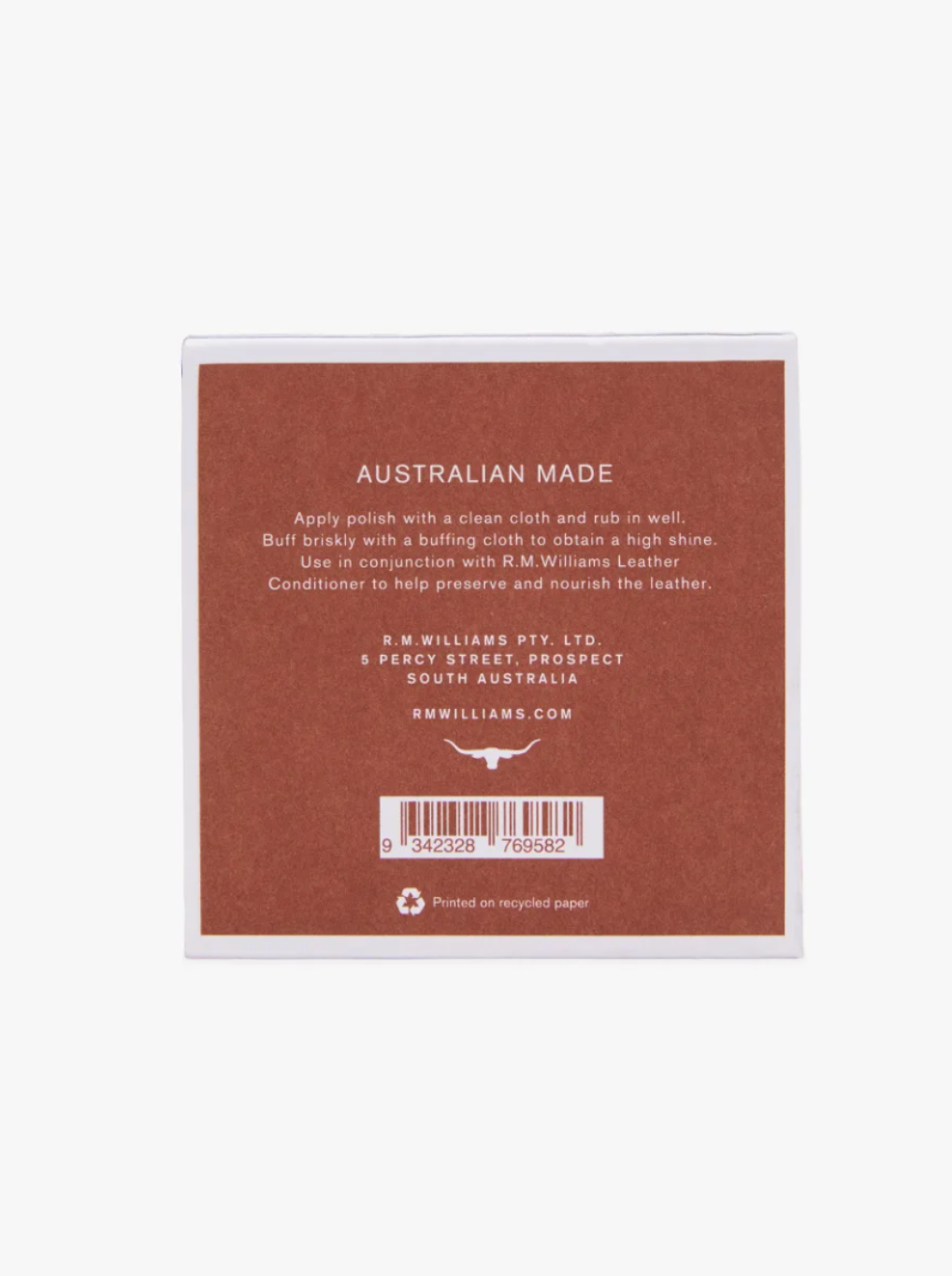 A brown label with text detailing the use of RM Williams Stockmans Boot Polish from R.M. Williams Pty. Ltd., including the address '5 Percy Street, Prospect, South Australia.' The alcohol-free formula helps restore color and shine. A barcode is at the bottom, along with a note that the label is printed on recycled paper.