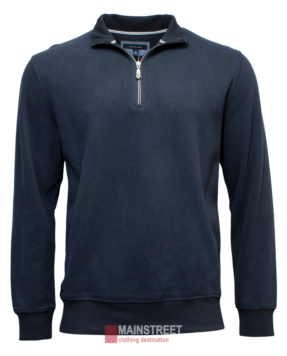 A dark blue Back Bay Peached French Rib Fleece regular fit quarter-zip jumper with a standing collar and long sleeves, featuring a small zipper at the neckline and the "Mainstreet Clothing Destination" logo in red and grey at the bottom.