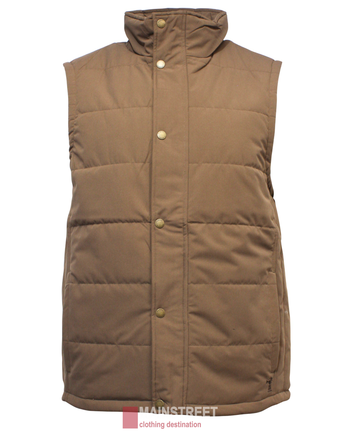 Pilbara Vest: Brown sleeveless casual vest with polyfill padding, high collar, snap-button closure, and side pockets, shown on a plain white background. "MAINSTREET clothing destination" logo is displayed at the bottom.