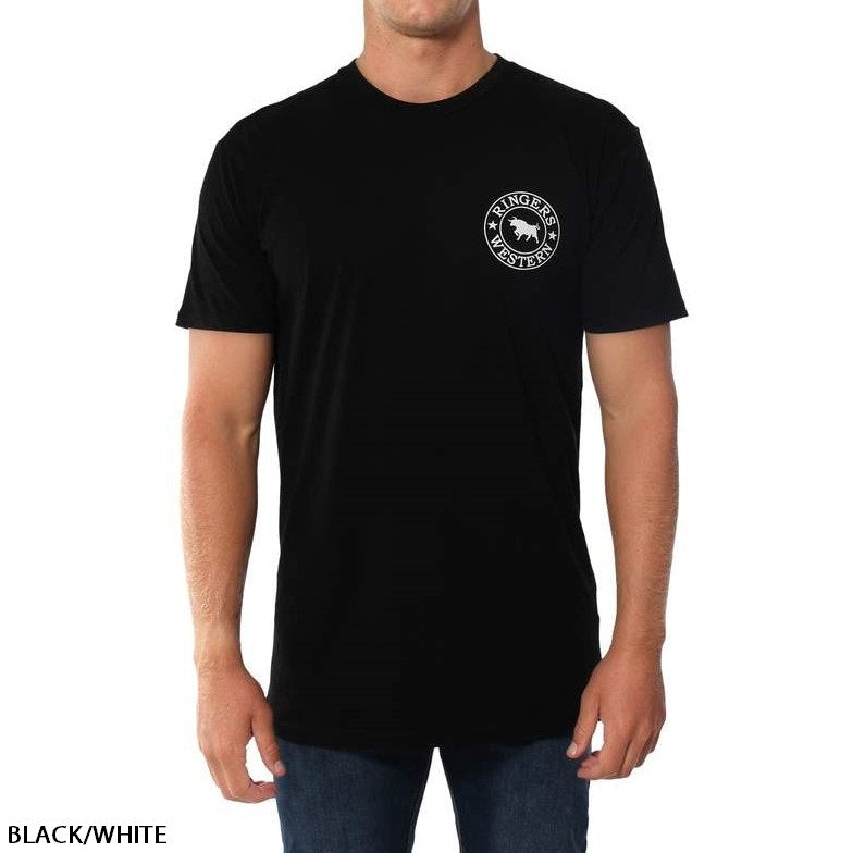 A person wearing a comfortable Ringers Western Signature Bull Original Fit T-Shirt in black, featuring a small white circular logo with an image of a cow and the words "Ringers Western" on the left chest area. Complementing it, they are in blue jeans. The text "BLACK/WHITE" appears in the bottom left corner.