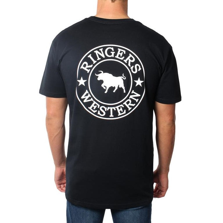 A person wearing a Ringers Western Signature Bull Original Fit T-Shirt made from comfortable 100% cotton in black, featuring a large circular logo on the back. The logo showcases a bull in the center, with "Ringers Western" arched above it and stars on either side. The person is facing away, prominently displaying the logo against a white background.