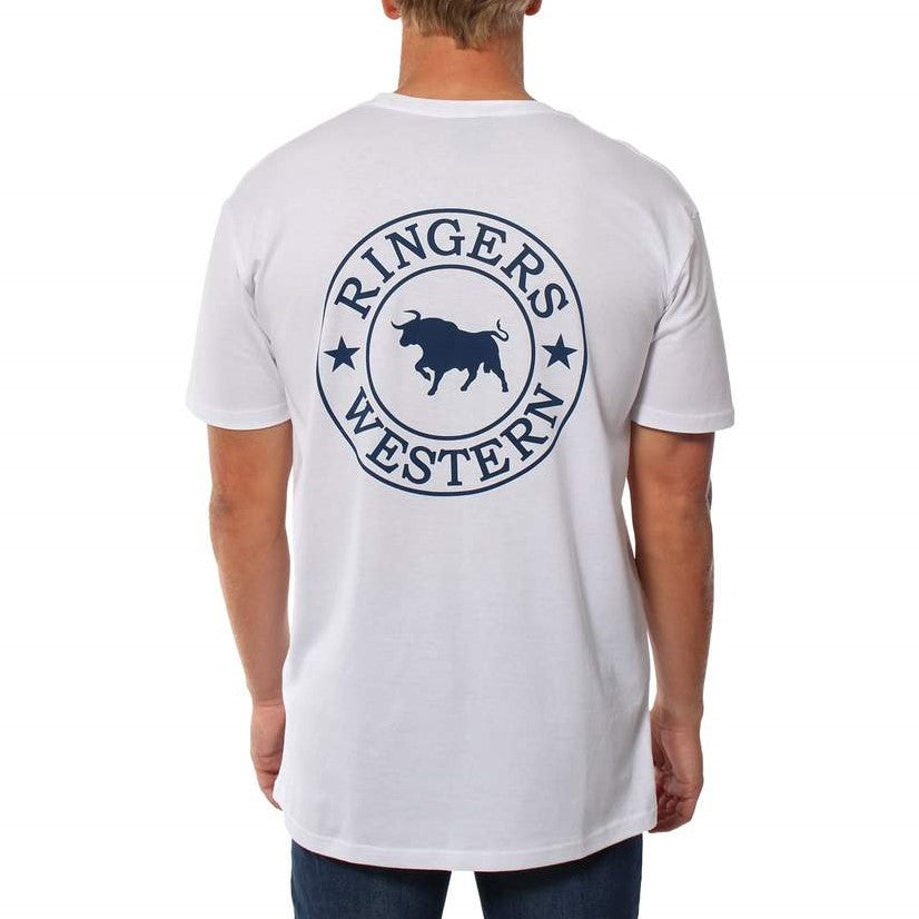 A man wearing the Ringers Western Signature Bull Original Fit T-Shirt is seen from behind, showcasing its comfortable design. The T-shirt is made of 100% cotton and features a white color with a blue circular logo on the back that reads "Ringers Western" and includes a bull silhouette in the center.
