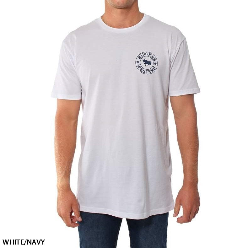 A person is wearing a Ringers Western Signature Bull Original Fit T-Shirt, made of plain white, 100% cotton with a circular logo on the left chest featuring an illustration of a rooster and the text "PINGERS ROOSTER" in navy blue. The comfortable t-shirt is paired with blue jeans against a plain white background.