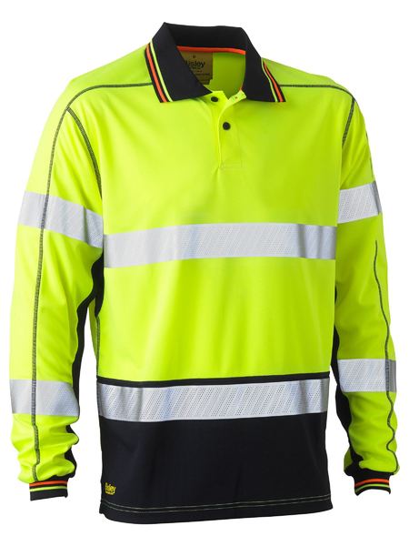 The Bisley Hi Vis Taped Long Sleeve Polo Shirt is a neon yellow, high-visibility safety shirt featuring reflective taped silver stripes on the chest, sleeves, and lower body. It boasts breathable fabric and a black collar with red and yellow trimming, along with black detailing on the lower part. This shirt is perfect for workwear.