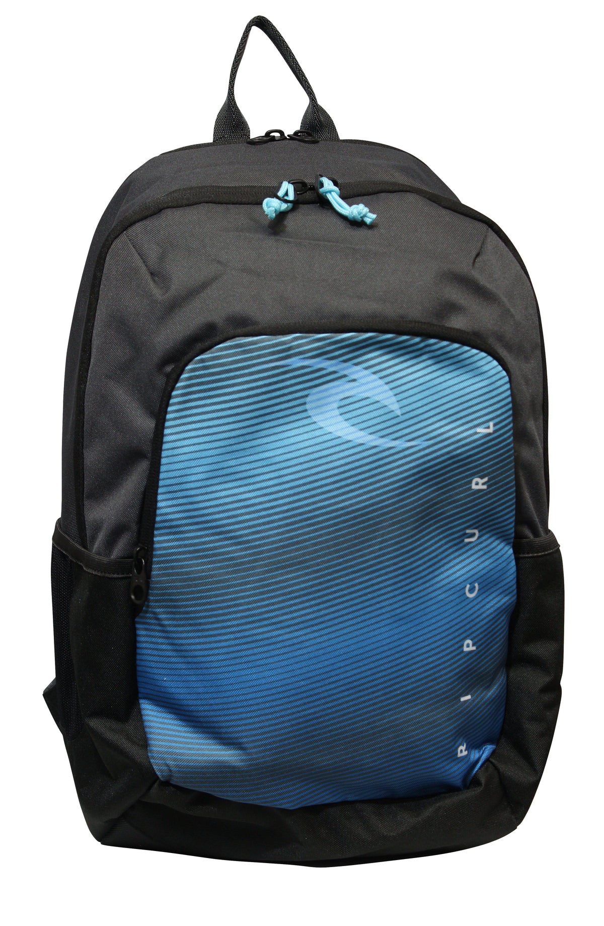 The Rip Curl Ozone 30L School Backpack is a black backpack with a blue front pocket featuring a diagonal stripe design and the "Rip Curl" logo printed vertically. It includes an insulated cooler compartment, laptop section, top handle, and adjustable shoulder straps for comfort.