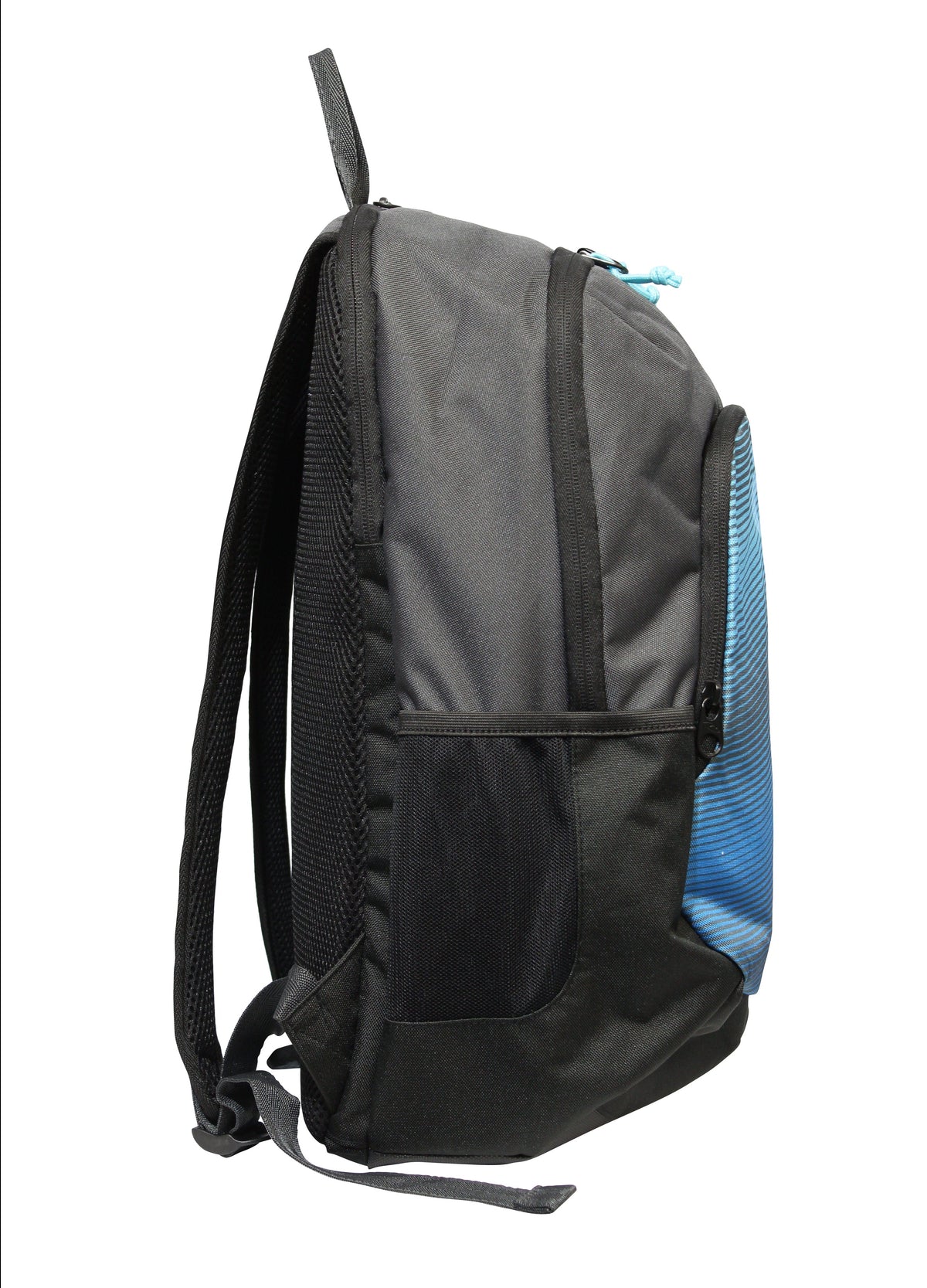 The Rip Curl Ozone 30L School Backpack boasts a stylish black and blue design, black straps, a zippered front pocket with a striped pattern, a mesh side pocket, and a top carry loop. It's built for durability and includes an insulated cooler compartment for convenience.