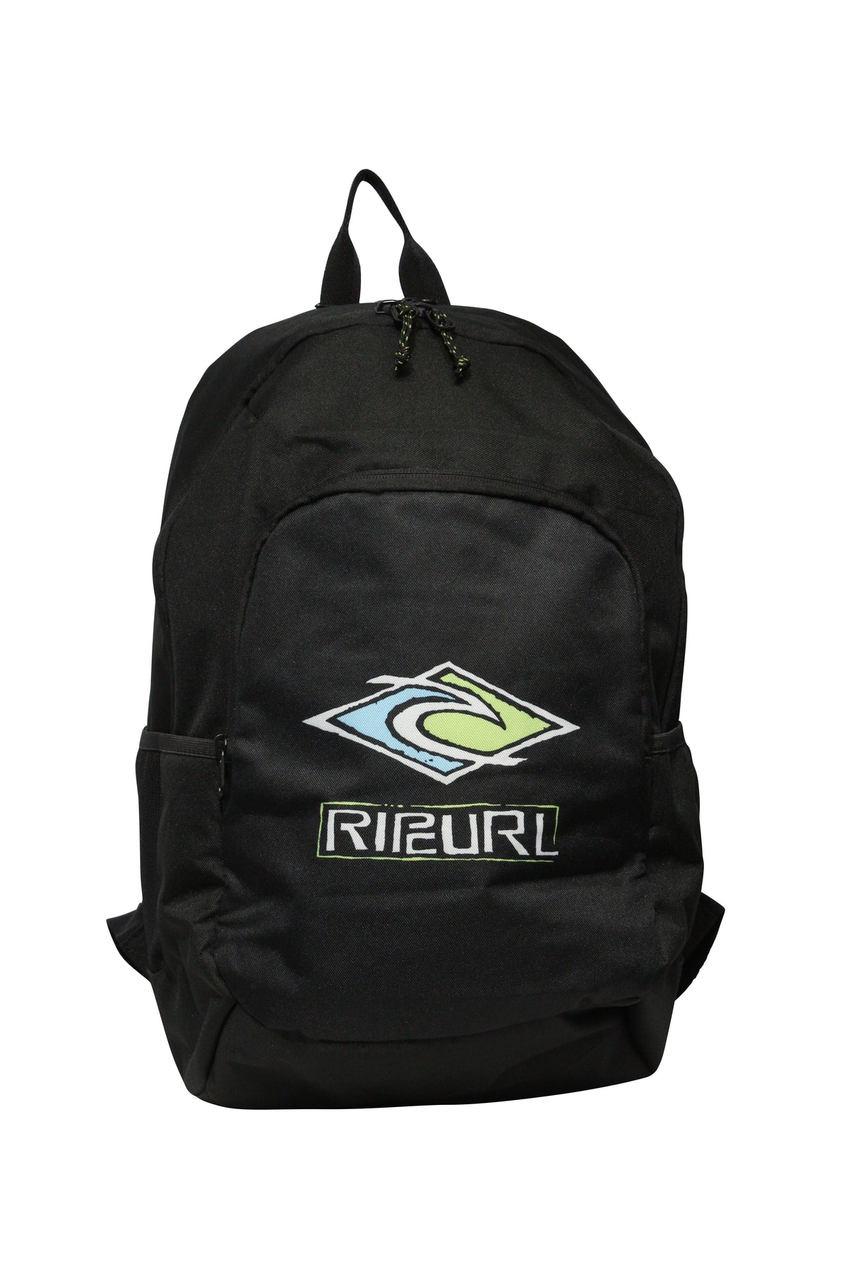 The Rip Curl Ozone 30L School Backpack is black and made from recycled polyester. It has a large zippered compartment, an insulated cooler section, two side pockets, and a top loop handle. The white logo shows a stylized "R" and "C" above "RIP CURL.